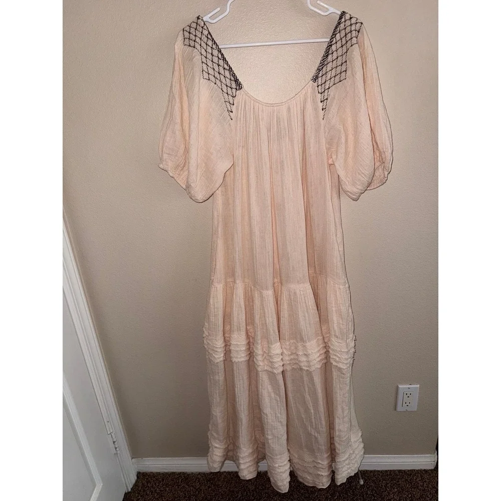 Free People NWT Ivory Boho Pheasant Dress w/ Navy Embroidery Oversized Small